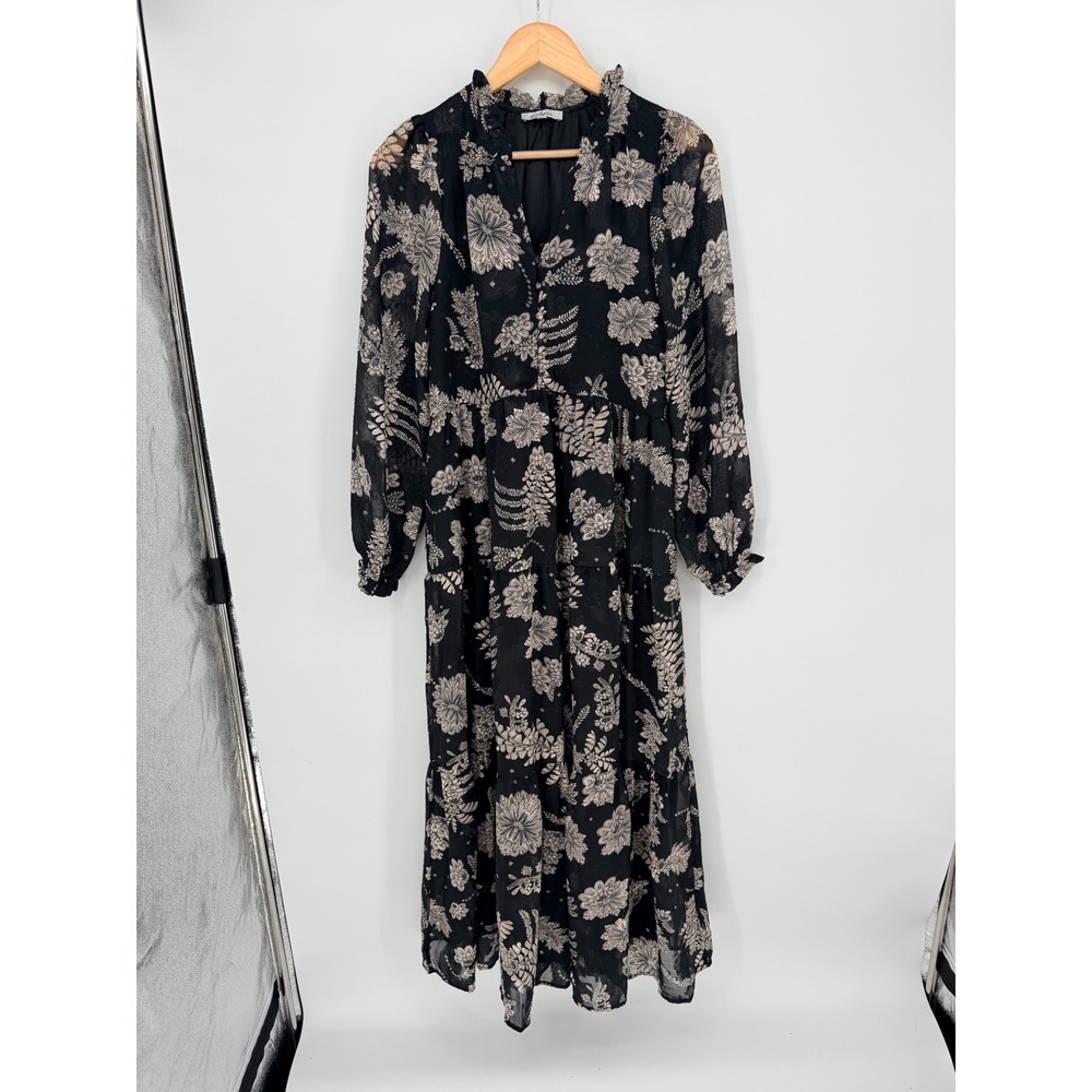 Polagram‎ Maxi Dress Small Black Floral Tiered Ruffle Whimsigoth Cottagecore
